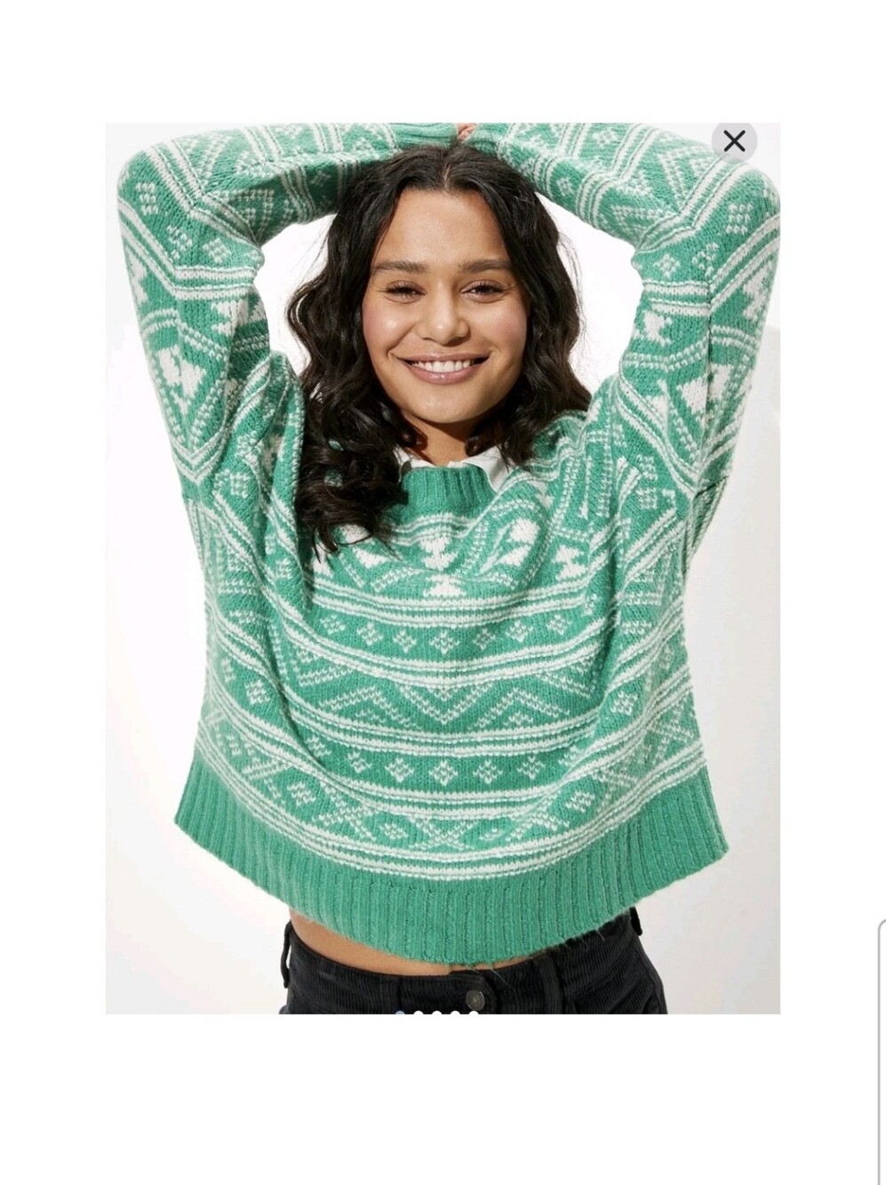 American Eagle Women Large Sweater Green Fair Isle Geometric Knit Crewneck L